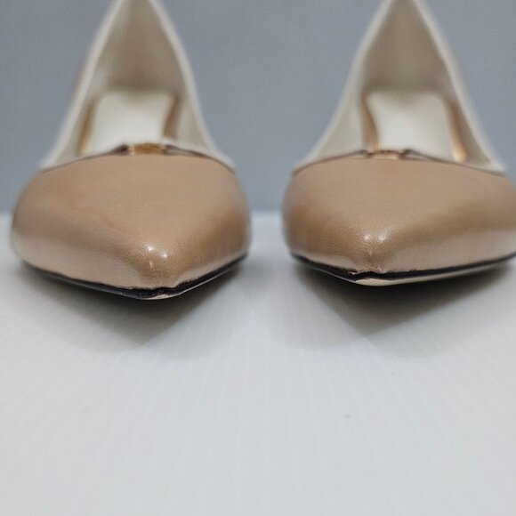 Tory Burch Double T Buckle Pump Womens 10.5 Tan Cream Leather Pointed Toe Heels - Picture 6 of 16